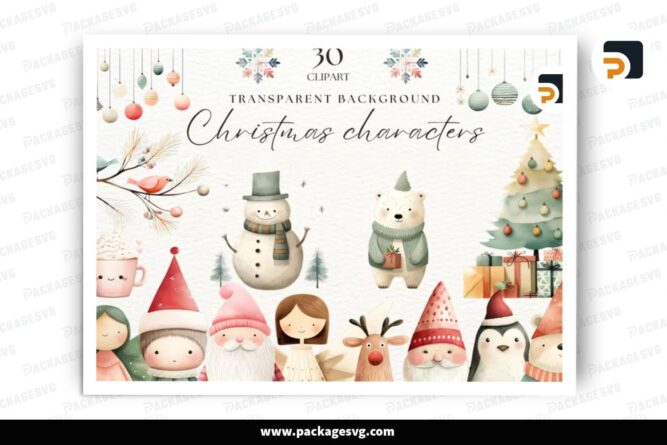 Watercolor Christmas Character Clipart Bundle, 30 Design Files LPC3FYRE