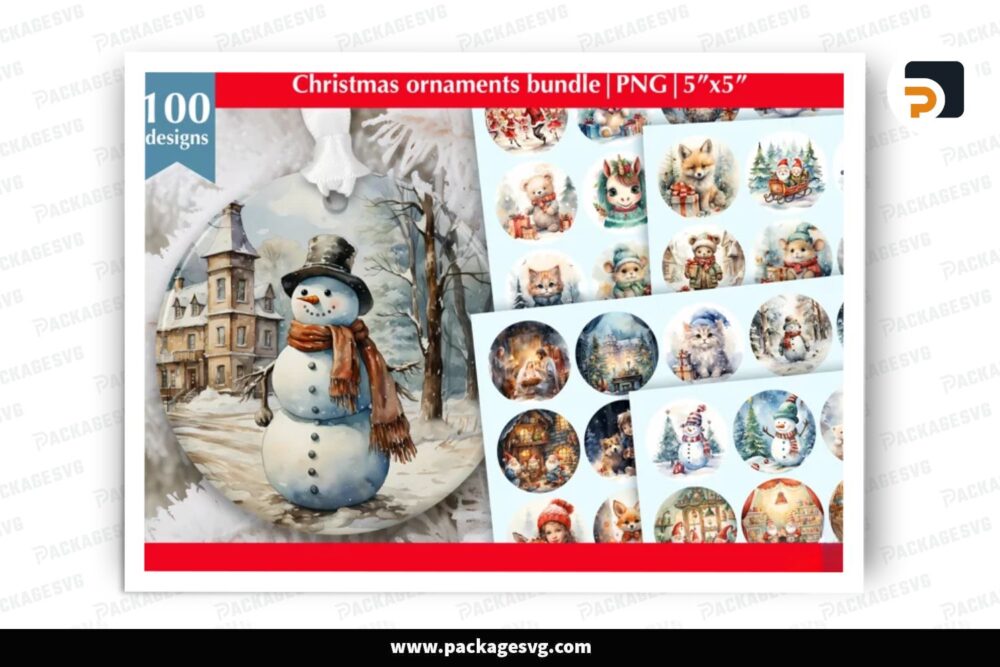 Watercolor Christmas Ornament Bundle, 100 Design Digital Cut Files LOQW0YQR