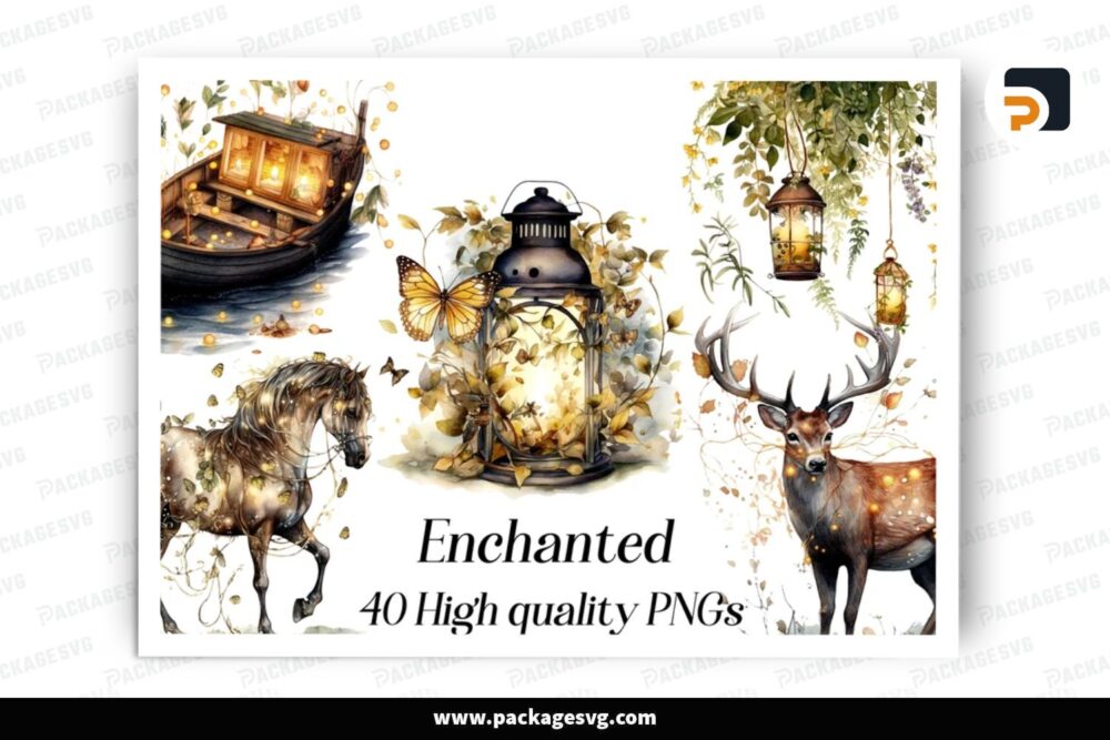 Watercolor Enchanted Forest Clipart Bundle PNG, 40 Sublimation Designs LOQMED6X