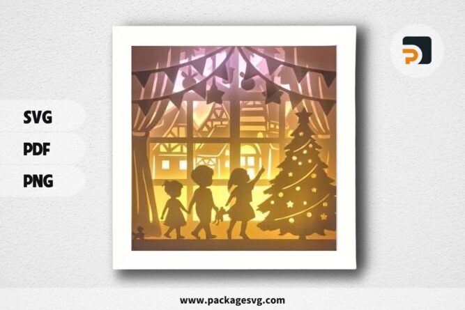3D Children And Christmas Tree Shadowbox, SVG Paper Cut File LQ61XGTU (2)