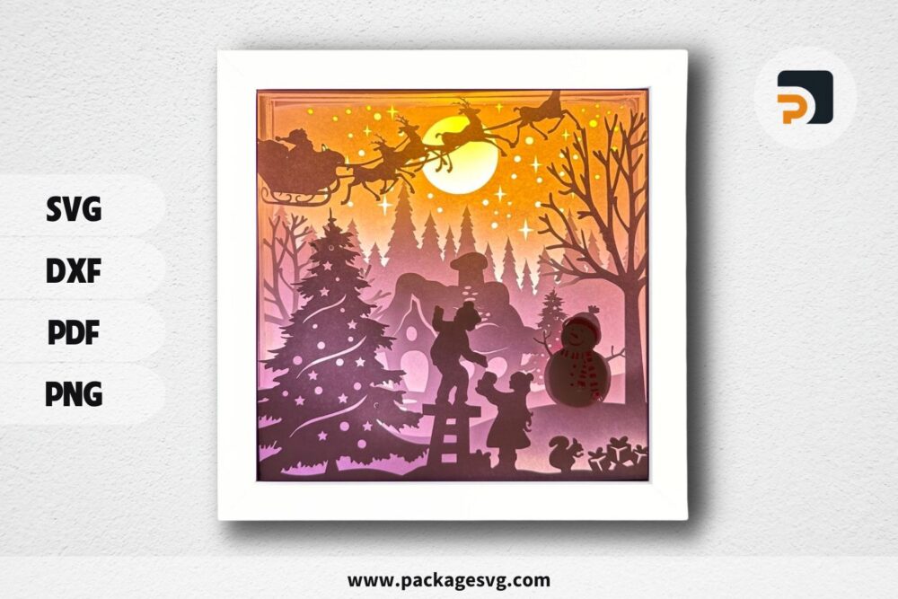3D Christmas Children Shadowbox, Winter Night SVG Paper Cut File (1)