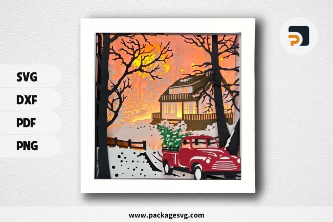 3D Christmas Red Truck Shadowbox, Winter Night SVG Paper Cut File (1)