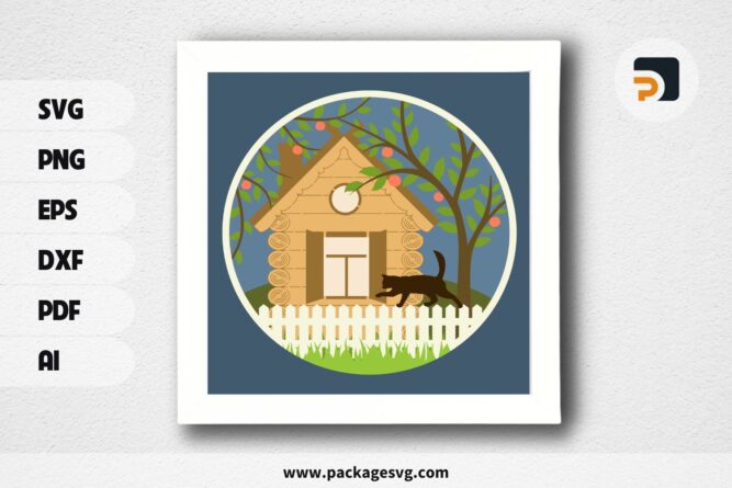 3D Cozy House And Cat Shadowbox, SVG Paper Cut File LPWCCOS5 (1)