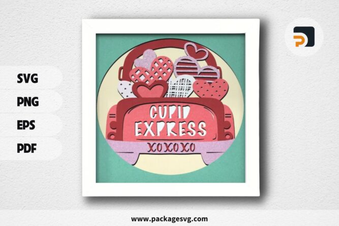 3D Cupid Express Truck Shadowbox, Valentine SVG Paper Cut File (1)