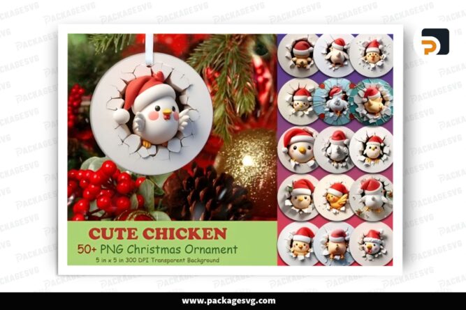 3D Cute Chicken Ornament Bundle, 50 PNG Sublimation Design LPTK9VC3 (2)