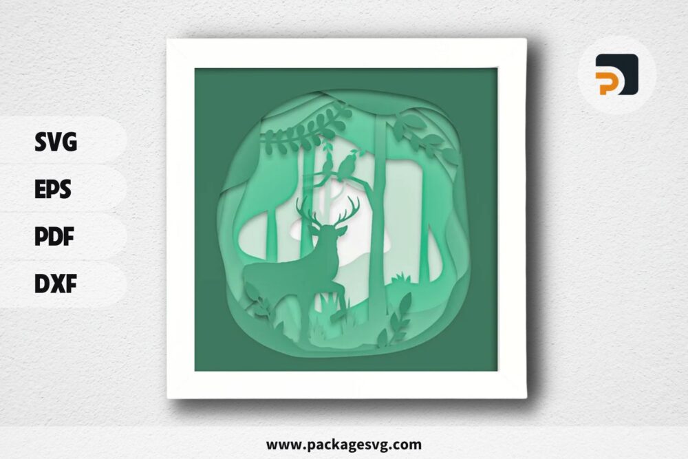 3D Deer In The Woods Shadowbox, SVG Paper Cut File (1)