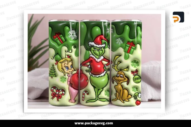 3D Inflated Cartoon Grinch Sublimation Design, Christmas 20oz Skinny Tumbler Wrap LQBS3DGO (2)