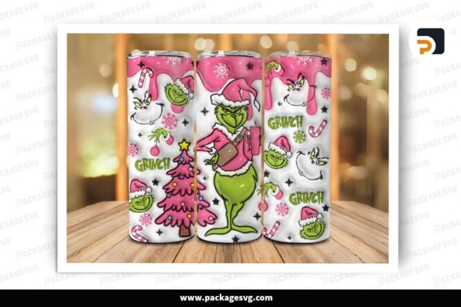 3D Inflated Pink Grinch Sublimation Design, Xmas 20oz Skinny Tumbler Wrap