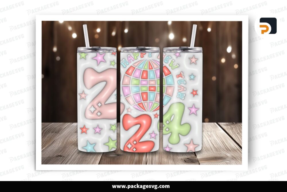3D Inflated Sprinkle 2024 Sublimation Design, New Year 20oz Skinny Tumbler Wrap (2)