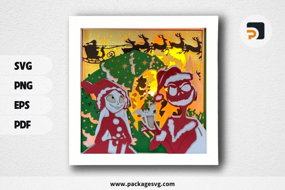3D Jack And Sally Christmas Shadowbox, Winter Night SVG Paper Cut File (2)