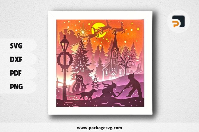 3D Kids Play Shadowbox, Christmas Night SVG Paper Cut File (1)