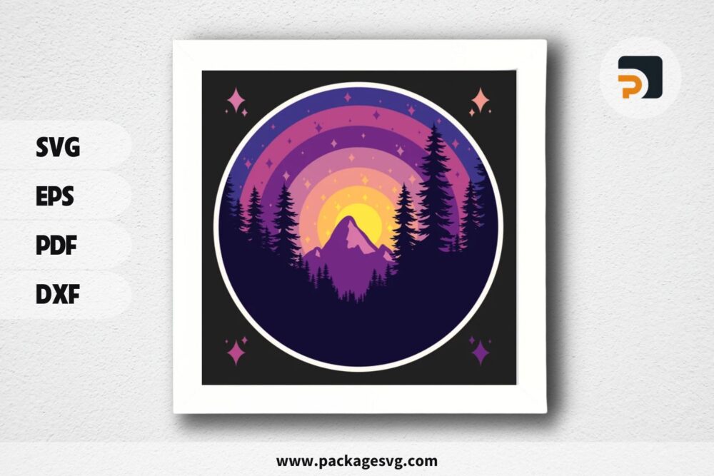 3D Northern Lights In Forest Shadowbox, SVG Paper Cut File (1)