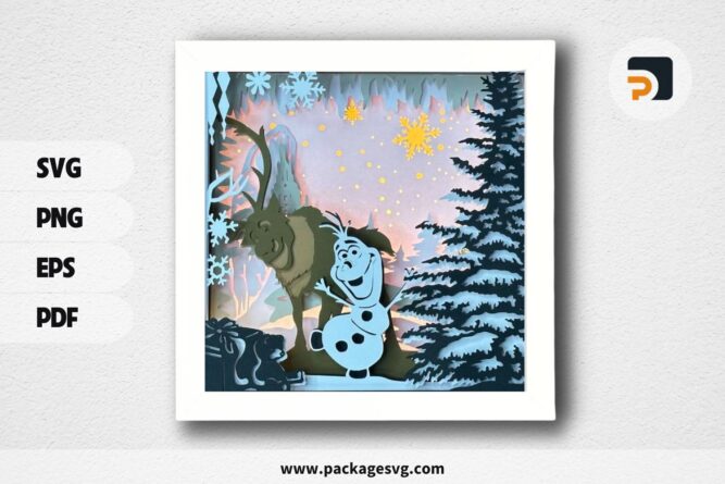 3D Olaf Frozen Christmas Shadowbox, Winter Night SVG Paper Cut File