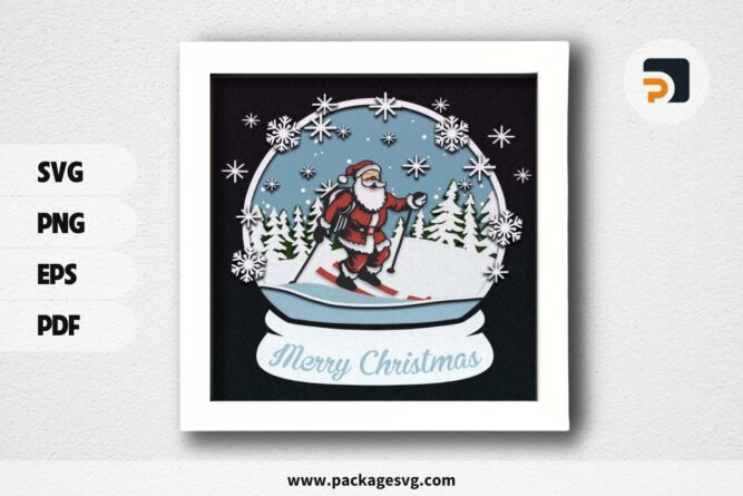 3D Skiing Santa Globe Shadowbox, Christmas SVG Paper Cut File (1)