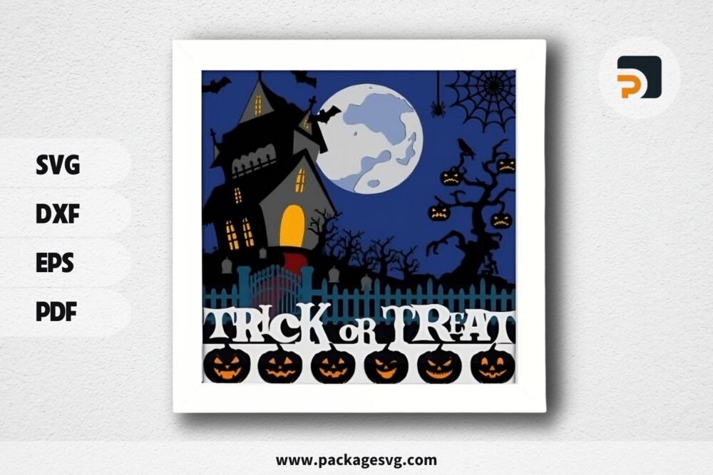 3D Trick Or Treat Shadowbox, Halloween Castle SVG Paper Cut File (1)