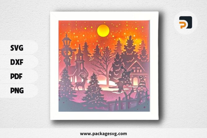 3D Winter Village Gnome Shadowbox, Christmas Night SVG Paper Cut File (1)