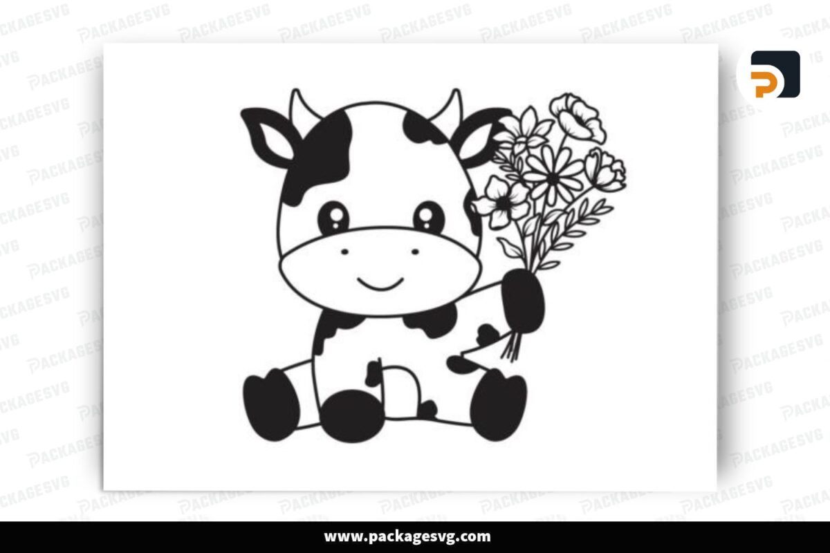 Baby Cow With Flower SVG Design Free Download