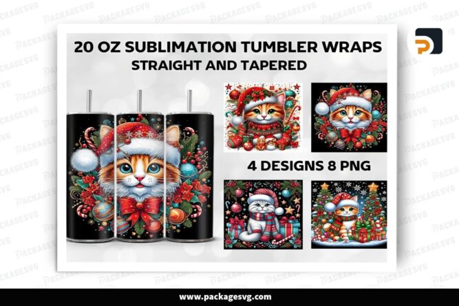 Christmas Cat Sublimation Design Bundle, 4 20oz Skinny Tumbler Wrap LQHF3Y8D (2)