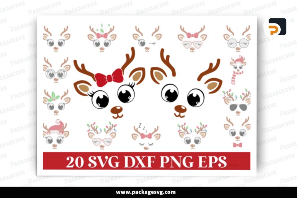 Christmas Reindeer Face SVG Bundle, 20 Design Cut Files LPPBZS55