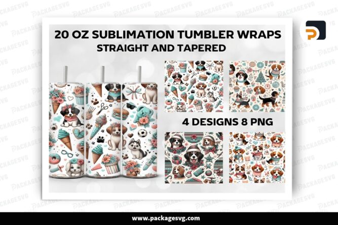 Cute Dog Sublimation Design Bundle, 4 20oz Skinny Tumbler Wrap LQHF4EJG (2)