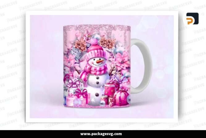 Cute Pink Snowman Sublimation Design, 11oz 15oz Skinny Mug Wrap (1)