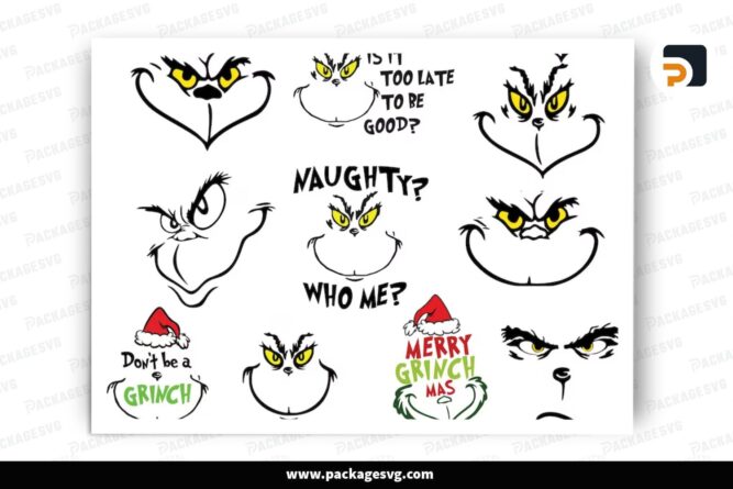 Grinch Face SVG Bundle, 14 Christmas Design Files (1)