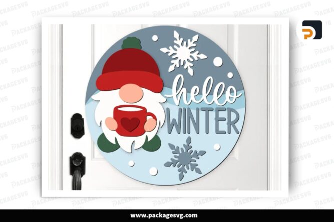 Hello Winter Gnome Door Hanger, SVG Laser Cut Files