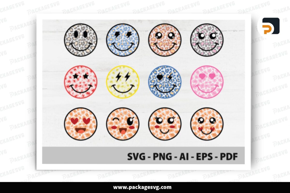 Leopard Smiley Face SVG Bundle, 12 Design Files Free Download
