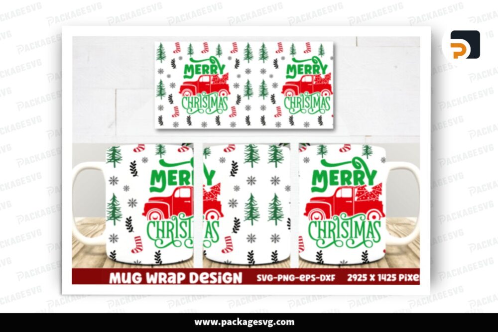 Merry Christmas Red Truck SVG Cut Design, 11oz 15oz Skinny Mug Wrap LPUKA0AI (2)