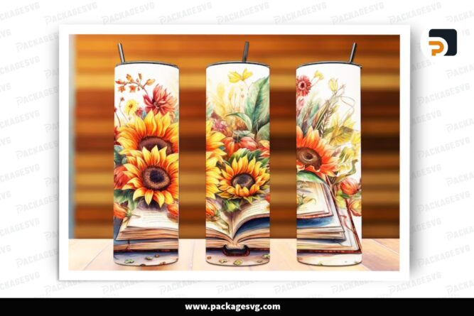 Open Book Sunflowers Sublimation Design, 20oz Skinny Tumbler Wrap LQBP1SUI