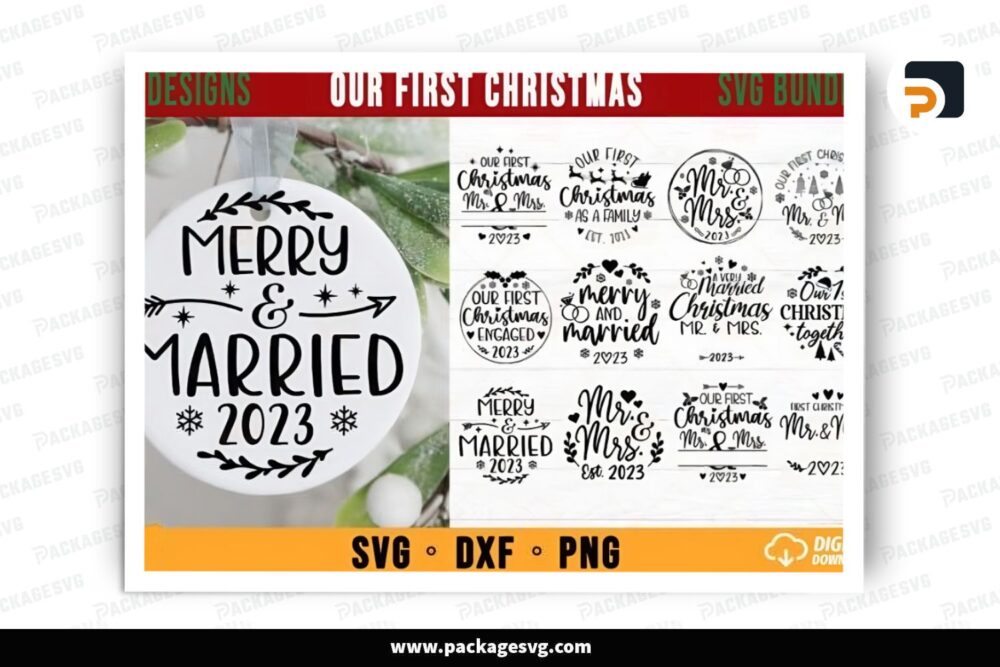 Our First Christmas Married Ornament SVG Bundle, 12 Design Files LPT6X7IO (1)
