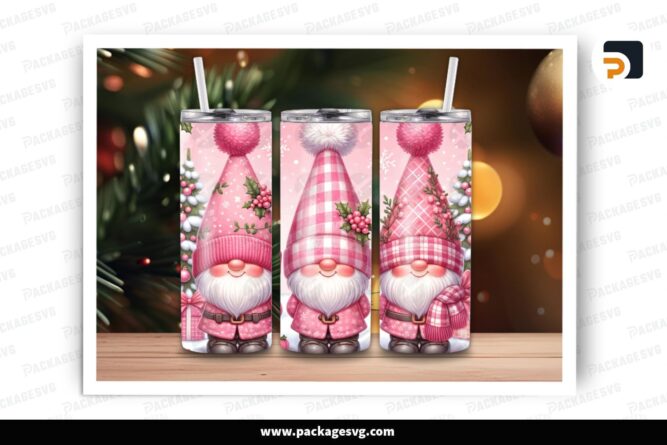 Pink Christmas Gnomes Sublimation Design, 20oz Skinny Tumbler Wrap (2)