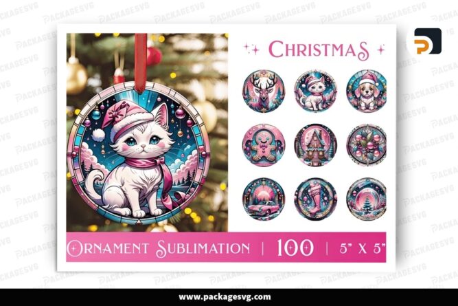 Pink Christmas Round Ornament, 100 PNG Sublimation Design Files (2)