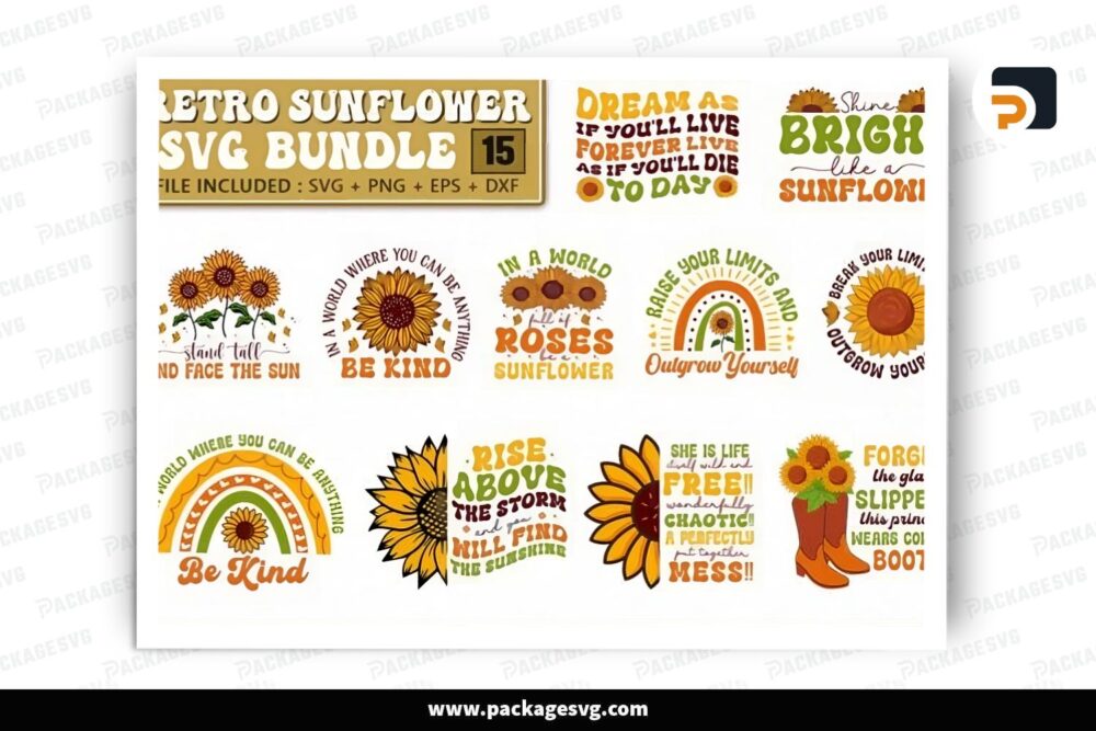 Retro Sunflower SVG Bundle, 15 Design Files (2)