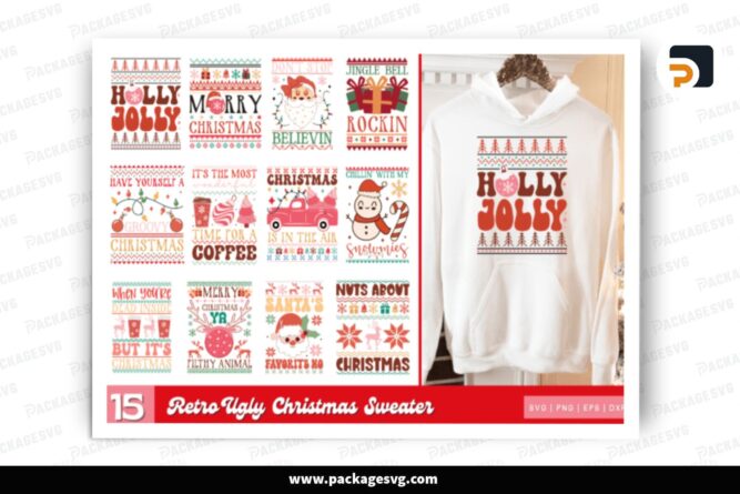 Retro Ugly Christmas Sweater SVG Bundle, 15 Design Cut Files LPPDXSYW