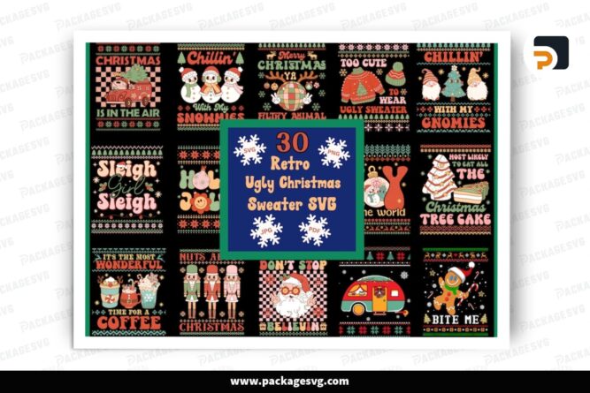 Retro Ugly Christmas Sweater SVG Bundle, 30 Design Cut Files LPPDS1NL