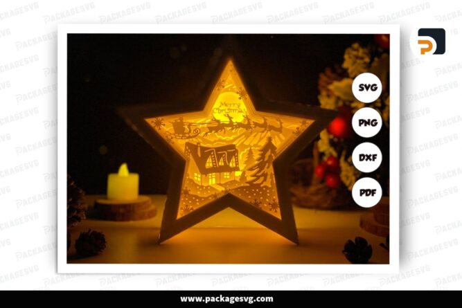 Santa Sleigh Star Lantern, Merry Christmas Scene SVG Paper Cut File (2)