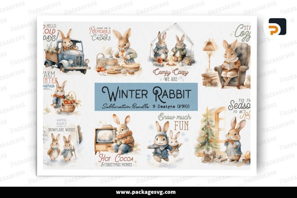 Vintage Winter Rabbit Bundle, 16 PNG Sublimation Designs LPTKABYJ (1)