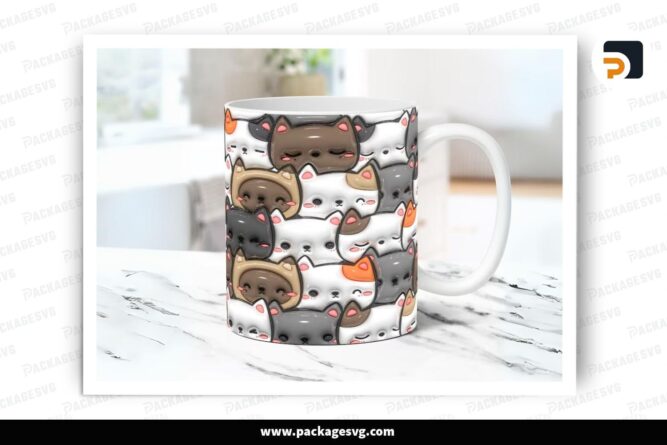 3D Inflated Puffy Cats Sublimation Design, 11oz 15oz Skinny Mug Wrap (1)