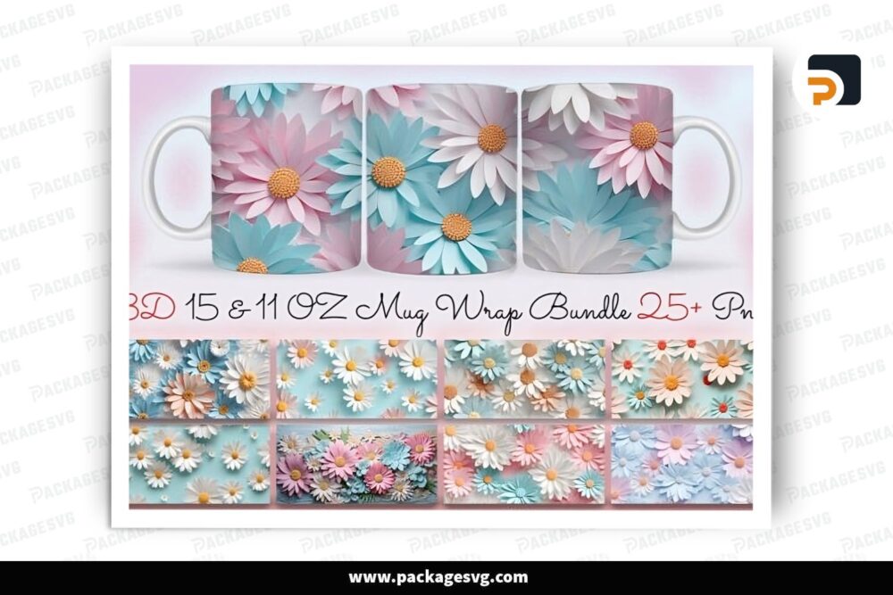 3D Pastel Daisy Flowers Sublimation Design Bundle, 25 11oz 15oz Skinny Mug Wrap LRUELUPF (3)