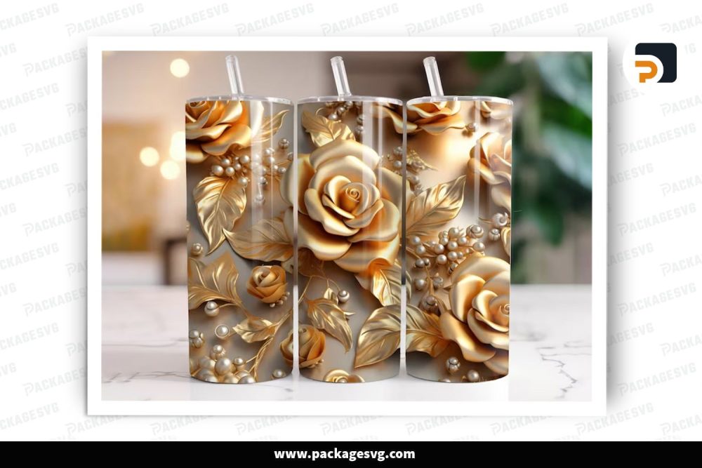 3D Pearl Gold Roses Sublimation Design, 20oz Flowers Skinny Tumbler Wrap (2)