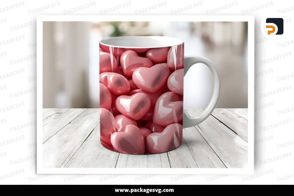3D Pink Puff Heart Sublimation Design, 11oz 15oz Skinny Mug Wrap