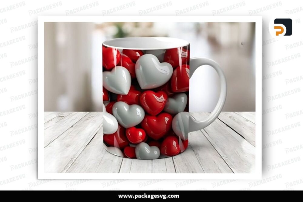 3D Red Heart Sublimation Design, 11oz 15oz Valentine Skinny Mug Wrap