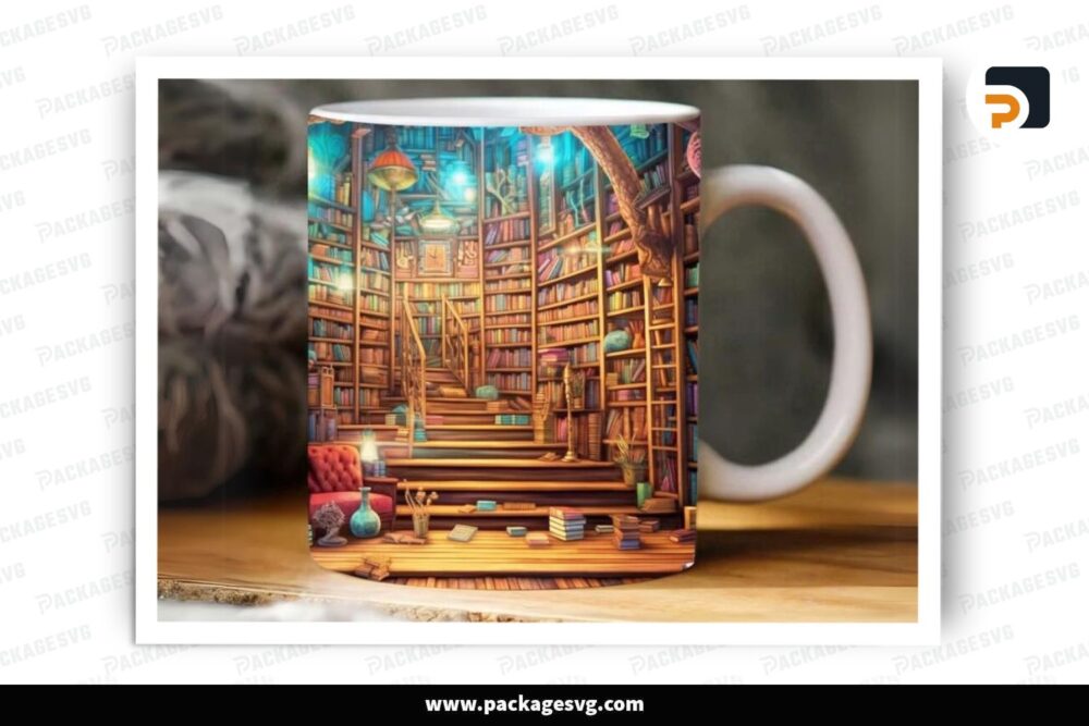 Bookshelf Sublimation Design, 11oz 15oz Book Lover Skinny Mug Wrap (2)