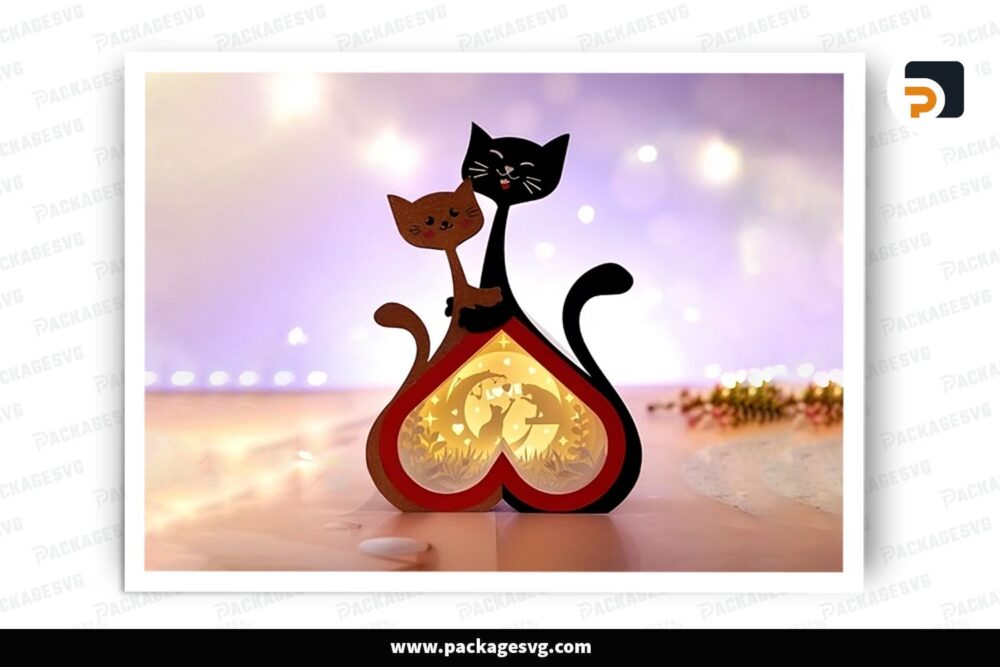 Couple Cat Heart Lantern, Valentine SVG Paper Cut File (2)
