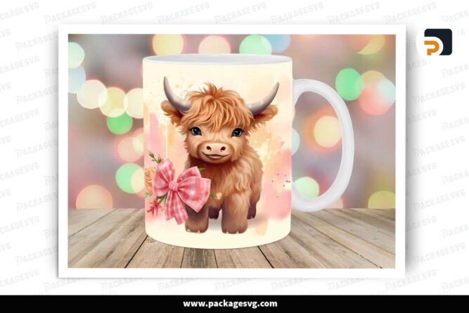 Cute Baby Highland Cow Sublimation Design, 11oz 15oz Skinny Mug Wrap (2)