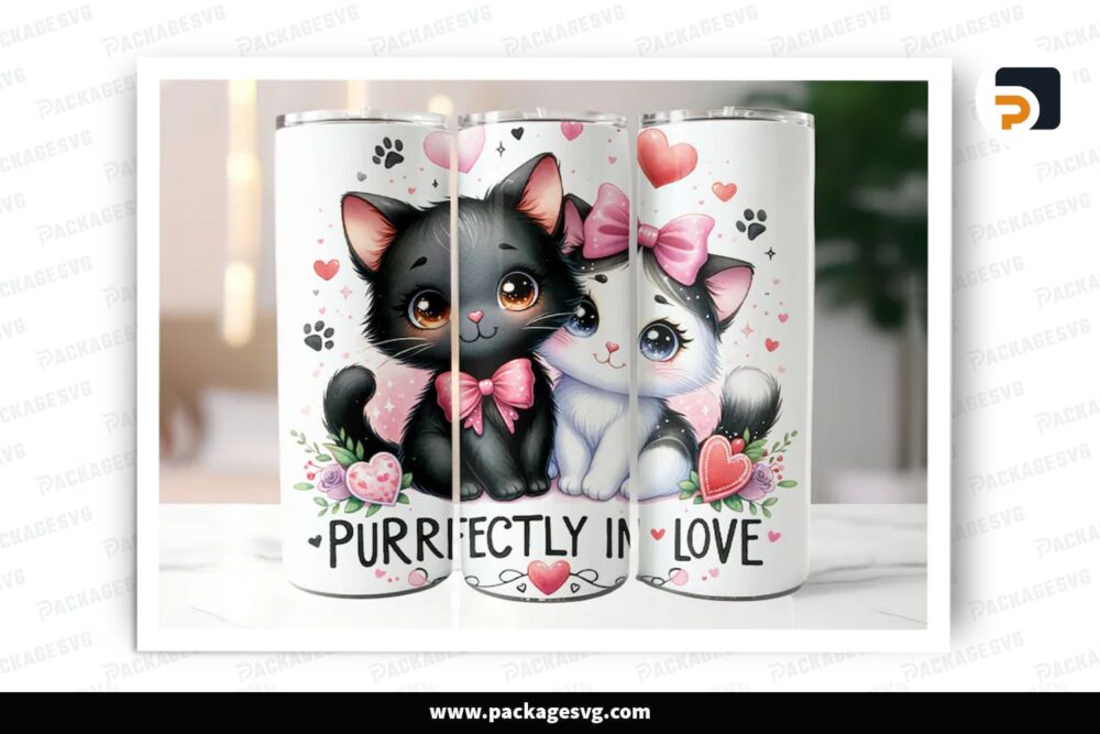 Cute Couple Cat Sublimation Design, 20oz Valentine Skinny Tumbler Wrap (1)