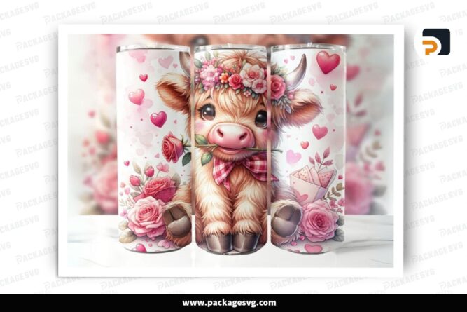 Cute Highland Cow Sublimation Design, 20oz Valentine Skinny Tumbler Wrap (2)