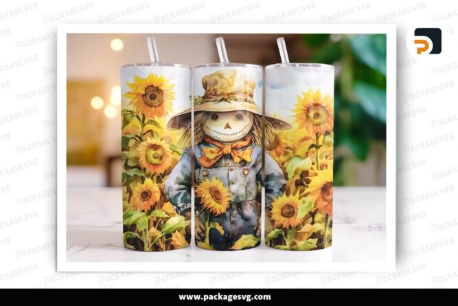 Fall Scarecrow Sublimation Design, 20oz Sunflower Skinny Tumbler Wrap (1)