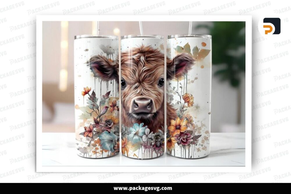 Floral Baby Highland Cow Sublimation Design, 20oz Skinny Tumbler Wrap (2)